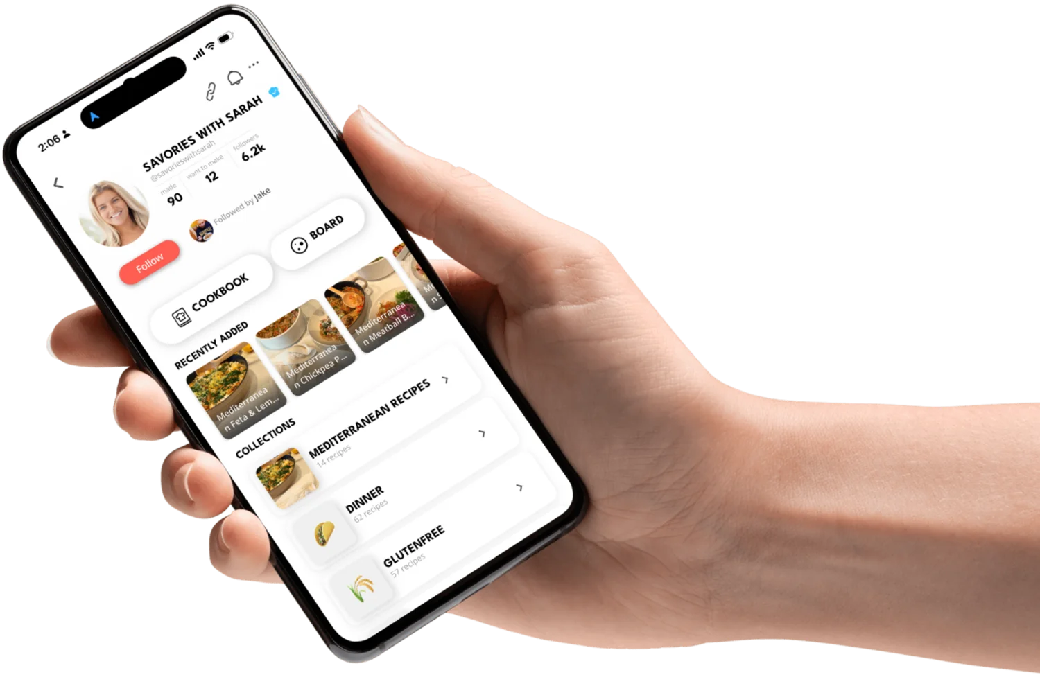 The Pepper app profile for Savories with Sarah — recently added recipes and Mediterranean, Dinner and Gluten-free collections, shown on a phone held in hand
