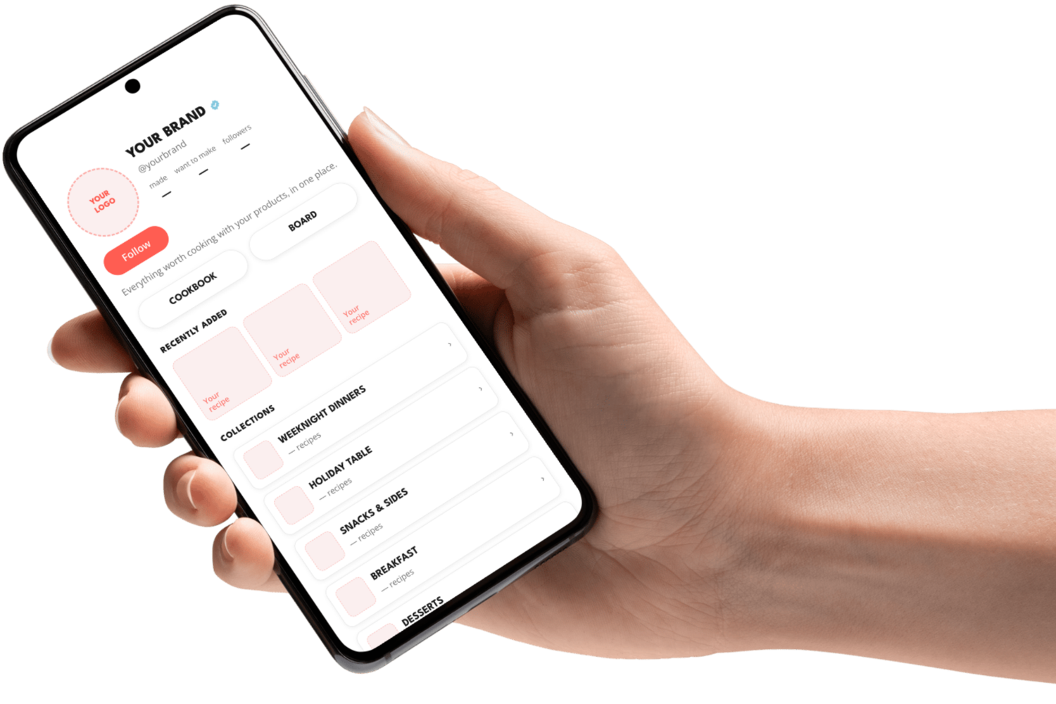 A placeholder Pepper brand profile for "Your brand", shown on a phone held in hand